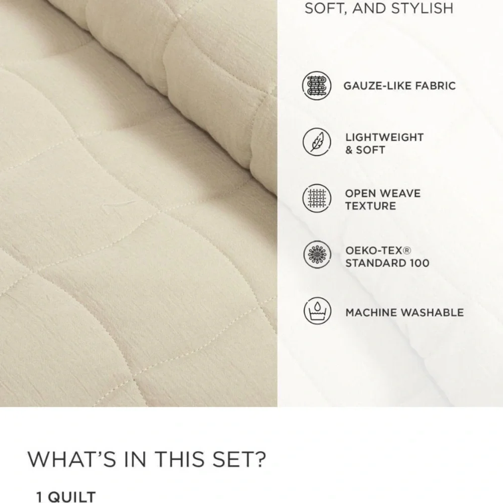 NWT Lush Decor 3pc Full/Queen beige Gauze Quilted Bedding Set